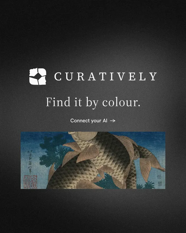 Instagram portrait post for Curatively: "Find it by colour." Minimal luxury style, logo hero layout, dark palette in black, grey.