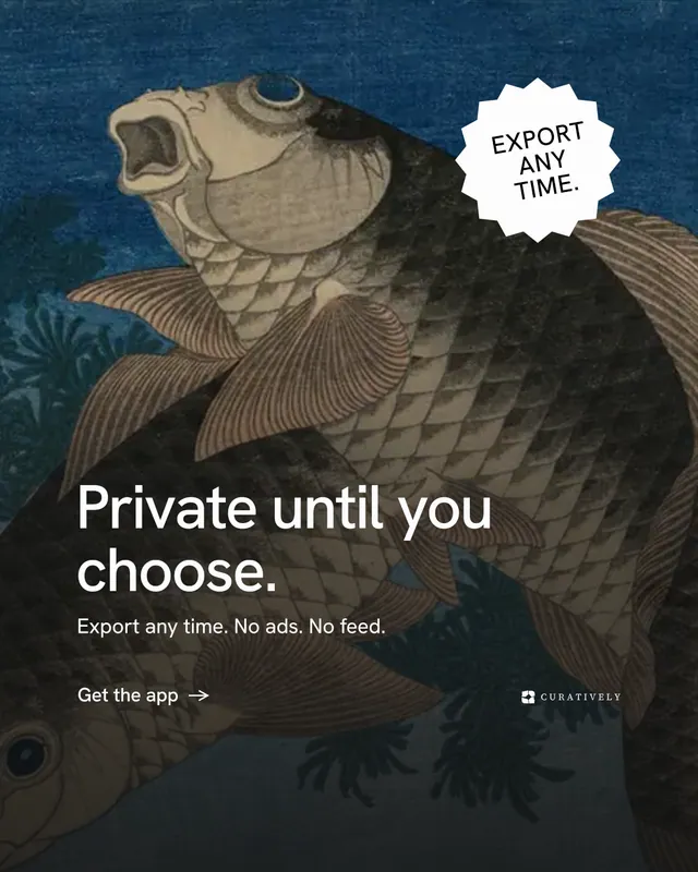 Instagram portrait post for Curatively: "Private until you choose." Minimal luxury style, sticker layout, dark palette in black, blue, grey.