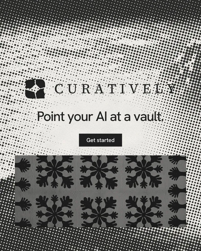 Instagram portrait post for Curatively: "Point your AI at a vault." Swiss style, logo hero layout, light palette in white, black, grey.