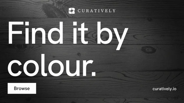 Landscape graphic for Curatively: "Find it by colour." Swiss style, poster layout, dark palette in black, grey.