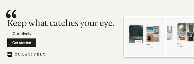 X header for Curatively: "Find it by colour." Swiss style, quote layout, light palette in white, grey.