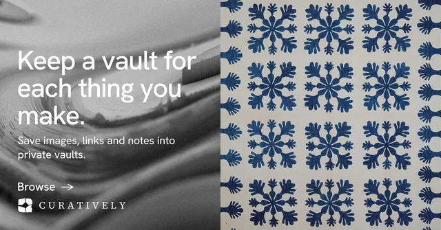 Social ad for Curatively: "Keep a vault for each thing you make." Minimal luxury style, bottom layout, light palette in grey.