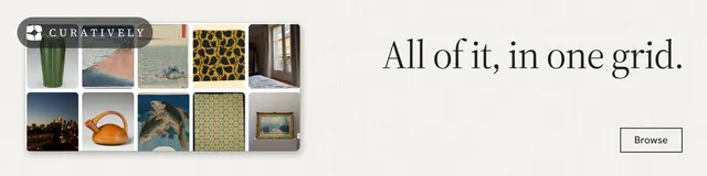 LinkedIn banner for Curatively: "All of it, in one grid." Editorial style, right layout, light palette in white, grey.