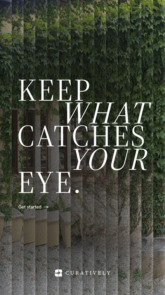 Instagram story for Curatively: "Keep what catches your eye." Minimal luxury style, stacked layout, dark palette in black, grey.