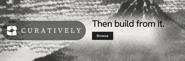 X header for Curatively: "Then build from it." Swiss style, logo hero layout, light palette in grey, white.