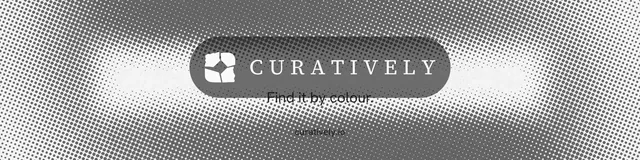 LinkedIn banner for Curatively: "Find it by colour." Swiss style, end card layout, light palette in white, grey.