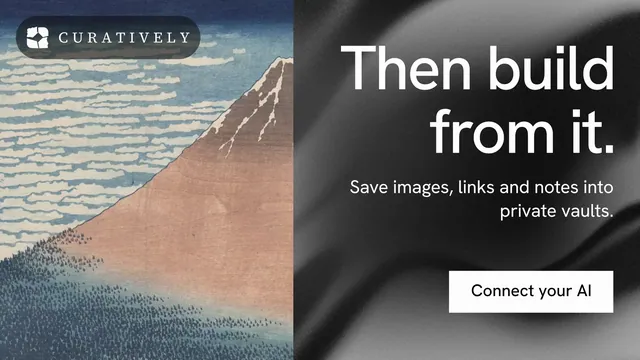 Landscape graphic for Curatively: "Then build from it." Swiss style, right layout, dark palette in grey, black.