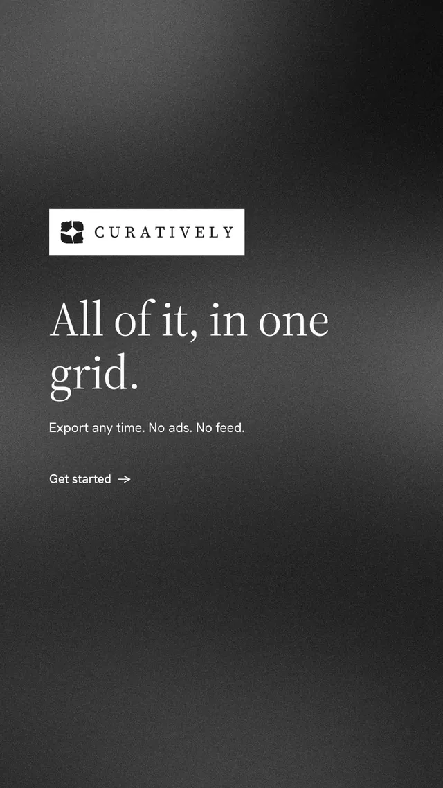 Instagram story for Curatively: "All of it, in one grid." Minimal luxury style, announce layout, dark palette in black, grey.