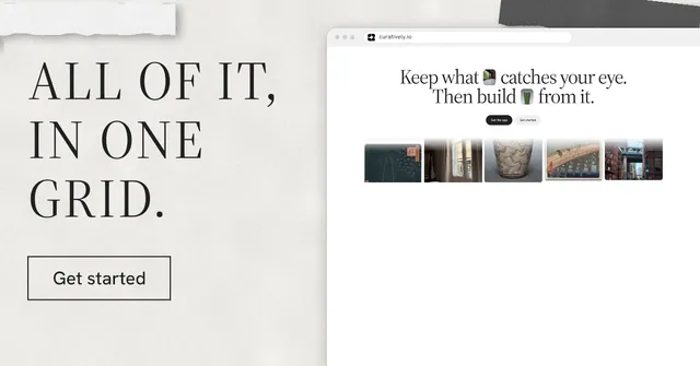 Social ad for Curatively: "All of it, in one grid." Editorial style, browser layout, light palette in white, grey.