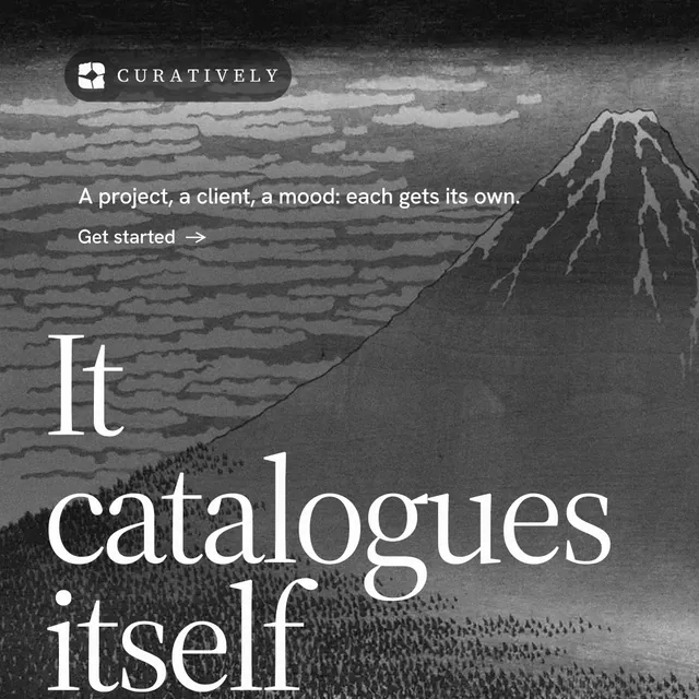 Instagram post for Curatively: "It catalogues itself." Minimal luxury style, oversized layout, dark palette in grey, black.