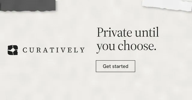 Social ad for Curatively: "Private until you choose." Editorial style, logo hero layout, light palette in white, grey.
