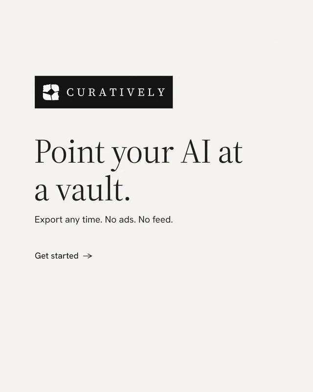 Instagram portrait post for Curatively: "Point your AI at a vault." Minimal luxury style, announce layout, light palette in white.