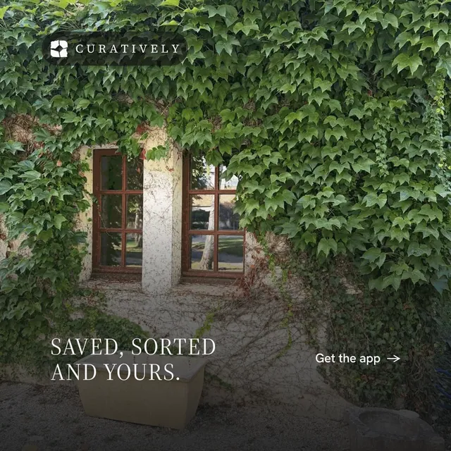 Instagram post for Curatively: "Saved, sorted and yours." Minimal luxury style, image led layout, dark palette in green, black, grey.