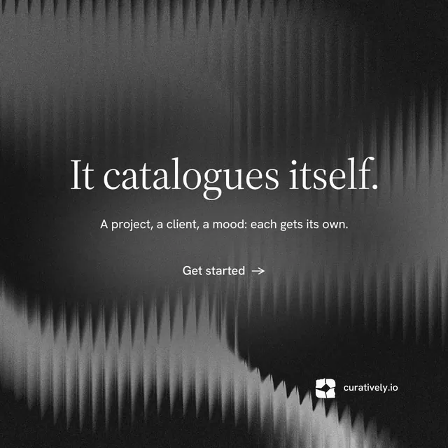 Instagram post for Curatively: "It catalogues itself." Minimal luxury style, centred layout, dark palette in black, grey.