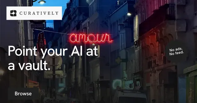 Social ad for Curatively: "Point your AI at a vault." Split block style, sticker layout, dark palette in black, red, grey.