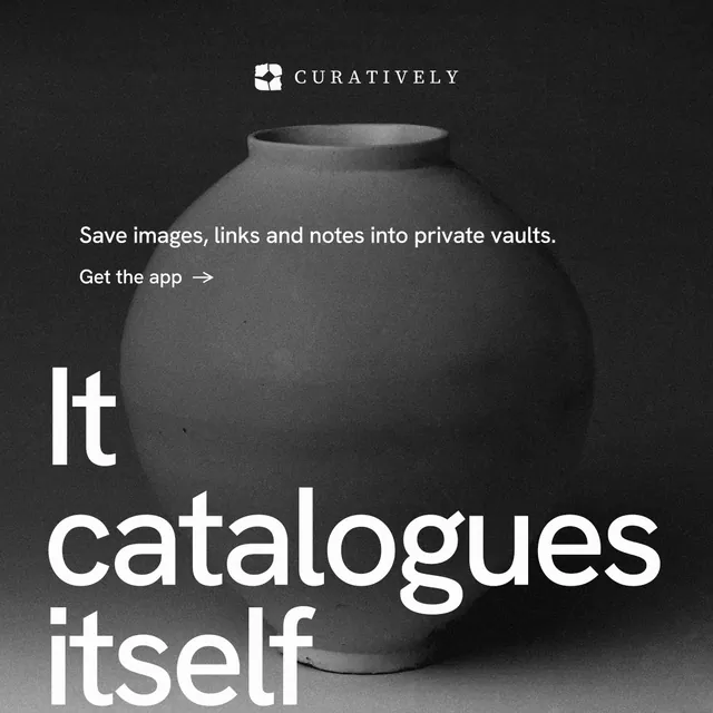 Instagram post for Curatively: "Find it by colour." Minimal luxury style, oversized layout, dark palette in grey, black.