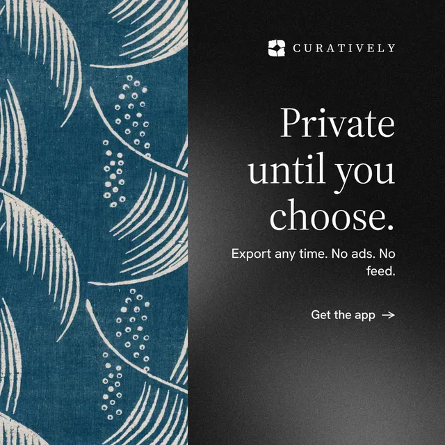 Instagram post for Curatively: "Private until you choose." Minimal luxury style, right layout, dark palette in blue, black, grey.