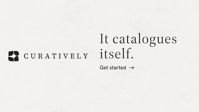 Landscape graphic for Curatively: "It catalogues itself." Minimal luxury style, logo hero layout, light palette in white.
