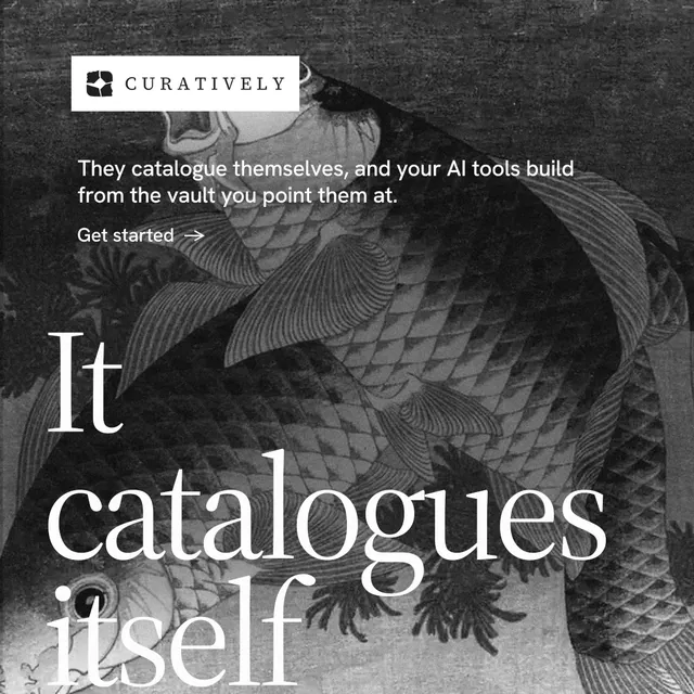 Instagram post for Curatively: "Find it by colour." Minimal luxury style, oversized layout, dark palette in black, grey.