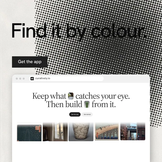 Instagram post for Curatively: "Find it by colour." Swiss style, browser layout, light palette in grey, white.