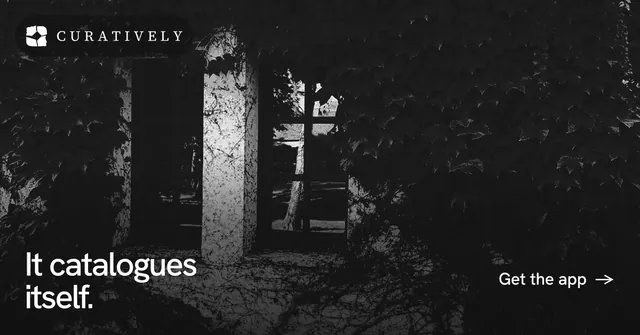 Social ad for Curatively: "It catalogues itself." Swiss style, image led layout, dark palette in black, grey.