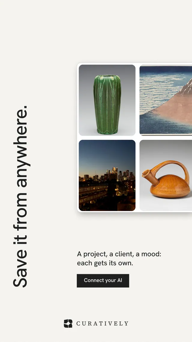 Instagram story for Curatively: "Save it from anywhere." Swiss style, vertical layout, light palette in white, grey.