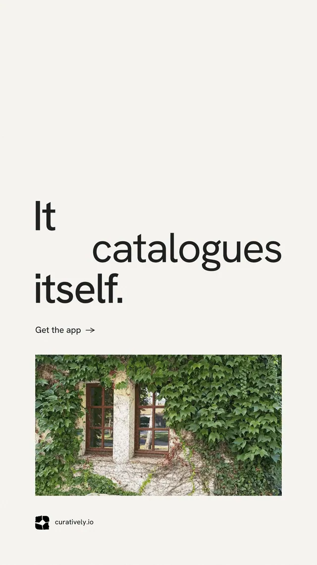 Instagram story for Curatively: "It catalogues itself." Minimal luxury style, stacked layout, light palette in white, grey.