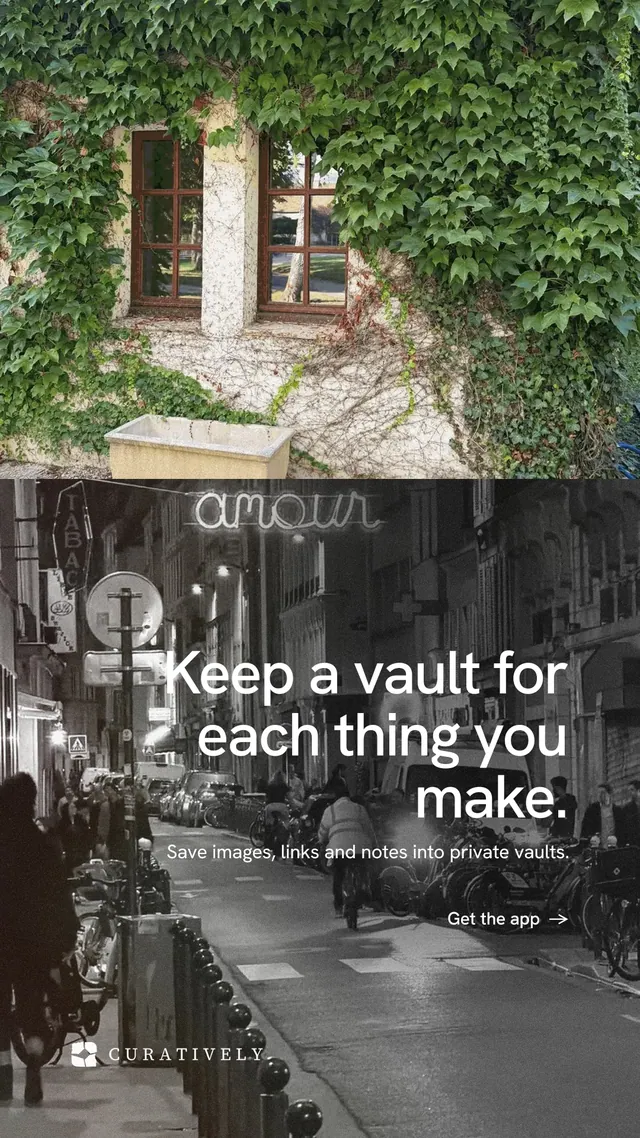 Instagram story for Curatively: "Keep a vault for each thing you make." Minimal luxury style, right layout, dark palette in grey, black, green.