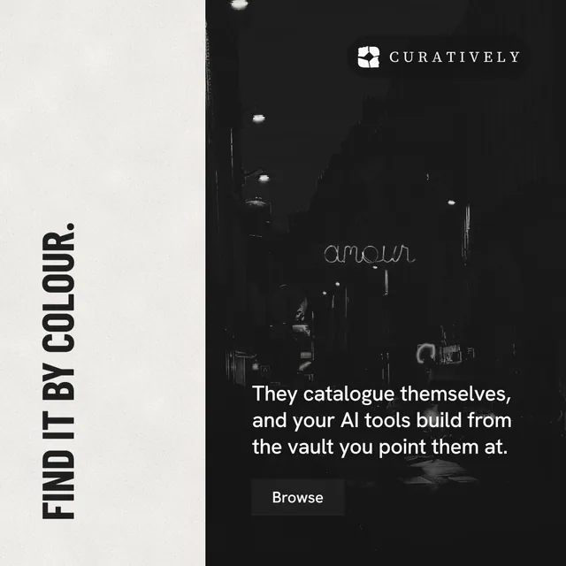 Instagram post for Curatively: "Find it by colour." Retro print style, vertical layout, dark palette in black, white, grey.
