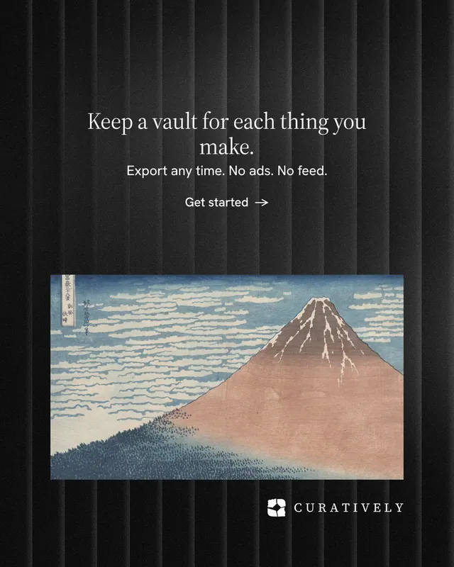 Instagram portrait post for Curatively: "Keep a vault for each thing you make." Minimal luxury style, centred layout, dark palette in black, grey.