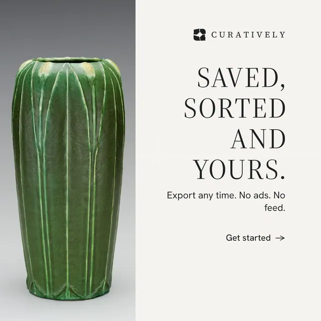 Instagram post for Curatively: "Saved, sorted and yours." Minimal luxury style, right layout, light palette in white, grey.