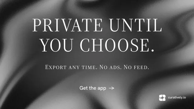 Landscape graphic for Curatively: "Private until you choose." Minimal luxury style, smallcaps layout, dark palette in grey, black.