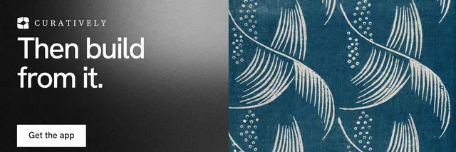 X header for Curatively: "Then build from it." Swiss style, bottom layout, dark palette in blue, black, grey.