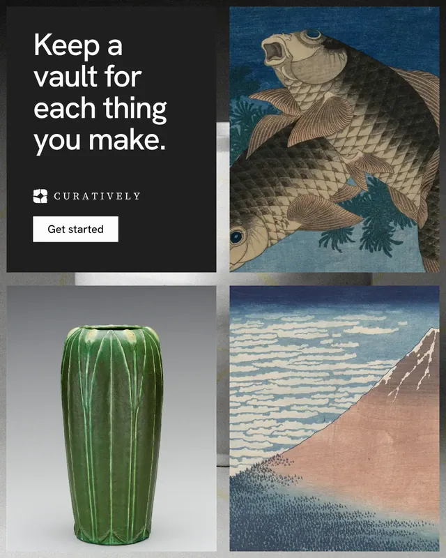 Instagram portrait post for Curatively: "Keep a vault for each thing you make." Swiss style, collage layout, dark palette in black, grey.
