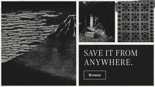 Landscape graphic for Curatively: "Save it from anywhere." Editorial style, collage layout, dark palette in grey, black.