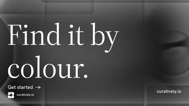 Landscape graphic for Curatively: "Find it by colour." Minimal luxury style, poster layout, dark palette in black, grey.