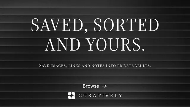 Landscape graphic for Curatively: "Saved, sorted and yours." Minimal luxury style, smallcaps layout, dark palette in black, grey.