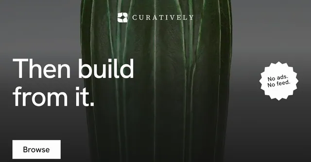 Social ad for Curatively: "Then build from it." Swiss style, sticker layout, dark palette in black, grey.