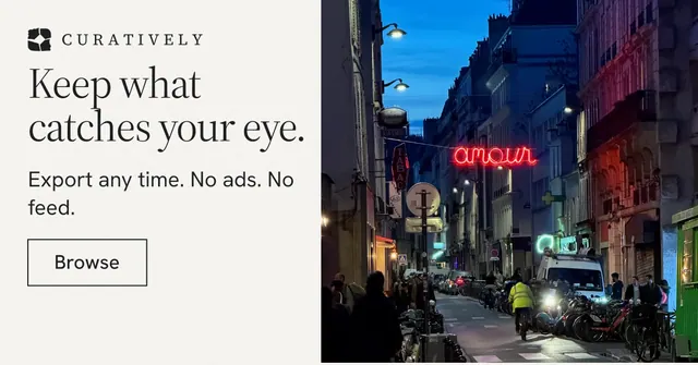 Social ad for Curatively: "Keep what catches your eye." Editorial style, skeleton layout, light palette in white, purple, grey.