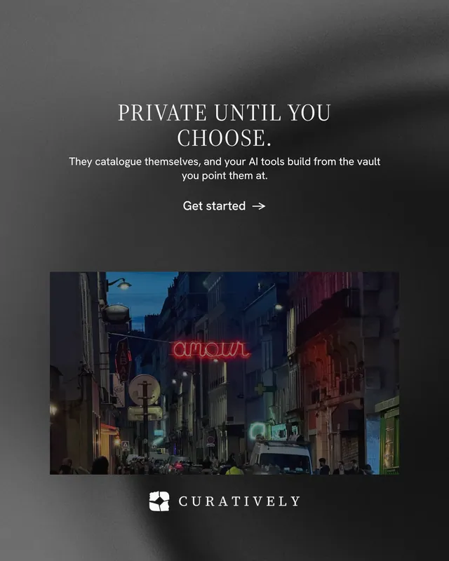 Instagram portrait post for Curatively: "Private until you choose." Minimal luxury style, centred layout, dark palette in black, grey.