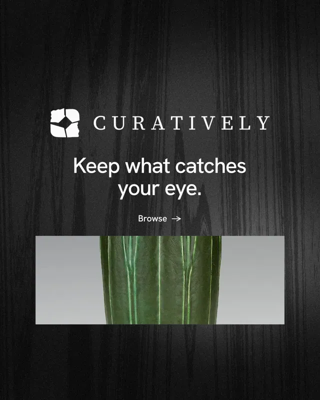 Instagram portrait post for Curatively: "Keep what catches your eye." Minimal luxury style, logo hero layout, dark palette in black, grey.