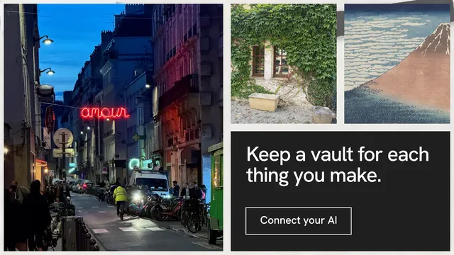 Landscape graphic for Curatively: "Keep a vault for each thing you make." Editorial style, collage layout, dark palette in grey, black.