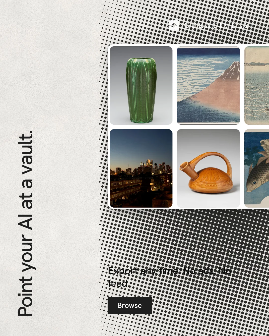 Instagram portrait post for Curatively: "Point your AI at a vault." Swiss style, vertical layout, light palette in grey, white.