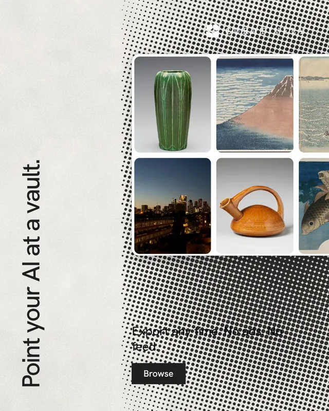 Instagram portrait post for Curatively: "Point your AI at a vault." Swiss style, vertical layout, light palette in grey, white.