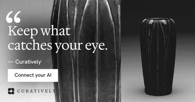 Social ad for Curatively: "Keep what catches your eye." Swiss style, quote layout, dark palette in grey, black.