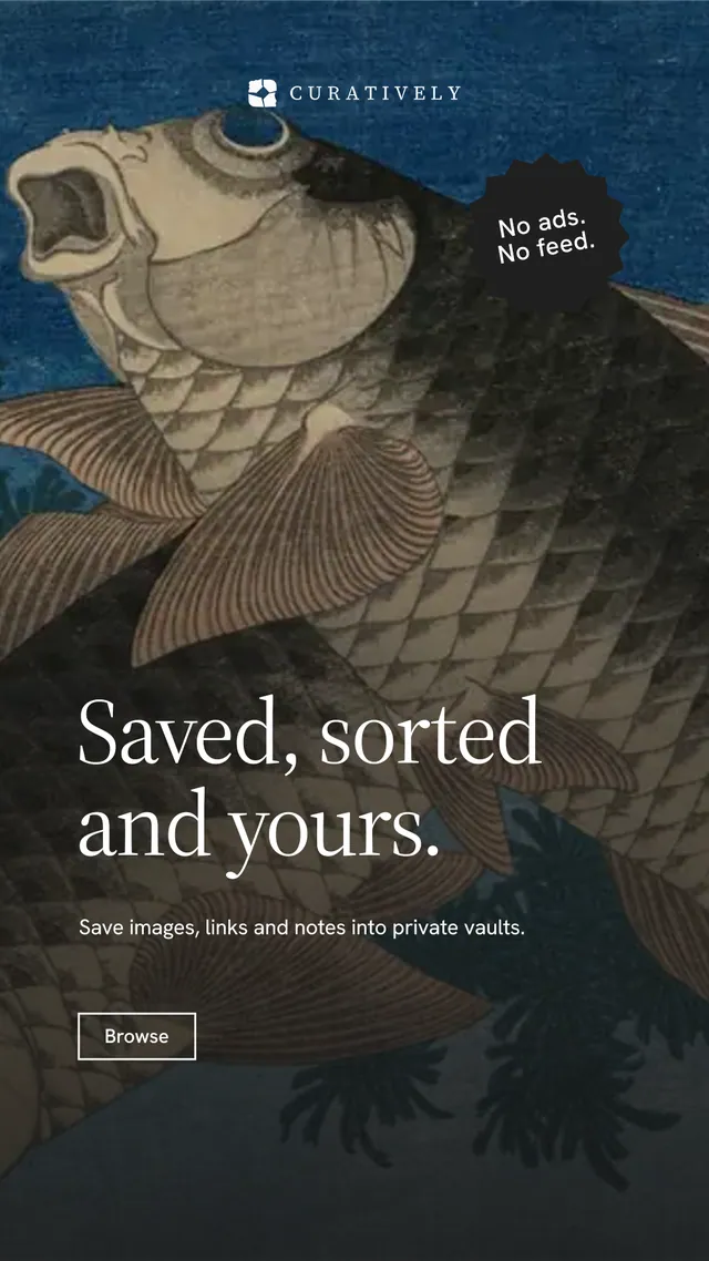 Instagram story for Curatively: "Saved, sorted and yours." Editorial style, sticker layout, dark palette in black, grey, blue.