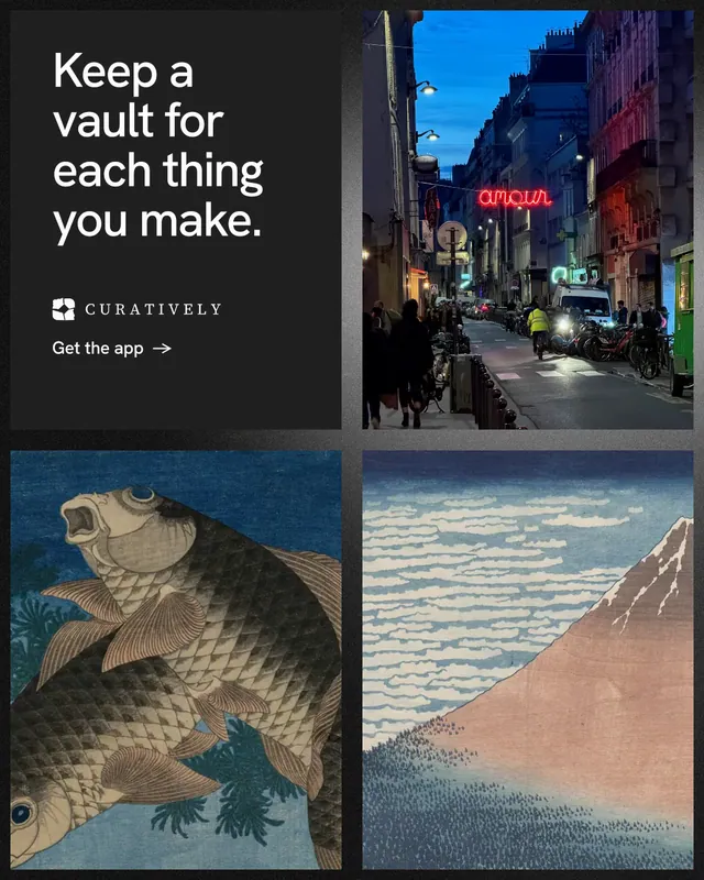 Instagram portrait post for Curatively: "Keep a vault for each thing you make." Minimal luxury style, collage layout, dark palette in black, grey, blue.