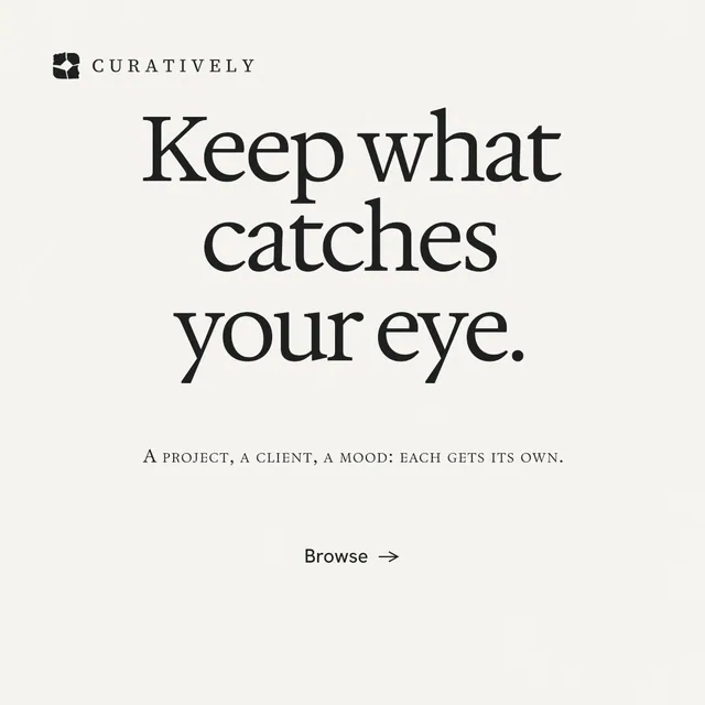 Instagram post for Curatively: "Keep what catches your eye." Swiss style, smallcaps layout, light palette in white, grey.