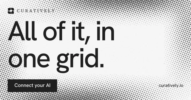 Social ad for Curatively: "All of it, in one grid." Swiss style, poster layout, light palette in white, grey.
