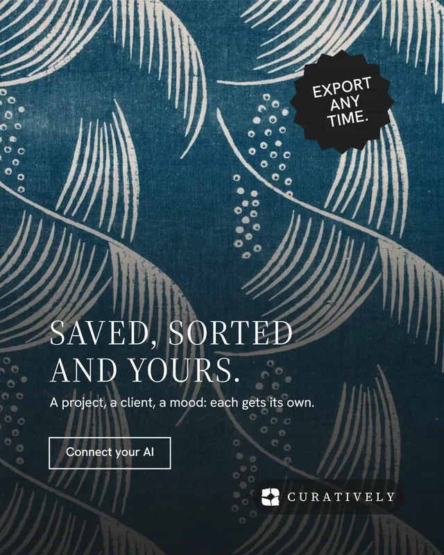 Instagram portrait post for Curatively: "Saved, sorted and yours." Editorial style, sticker layout, dark palette in blue, grey.